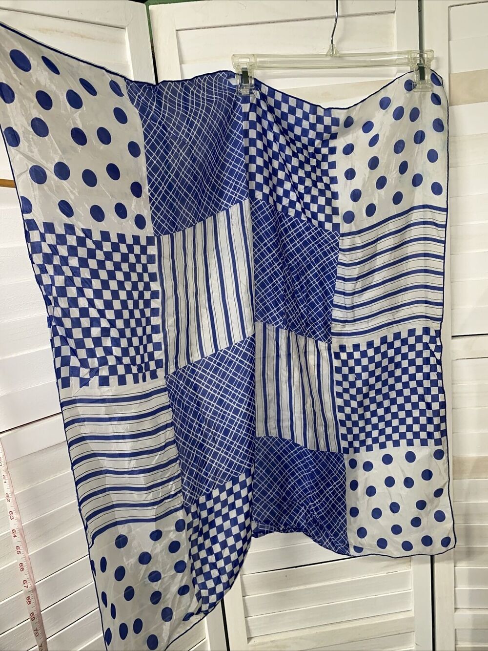 Vintage Women's Square Nylon Scarf Plaid Polka Dots Lines Blue 30”x30”